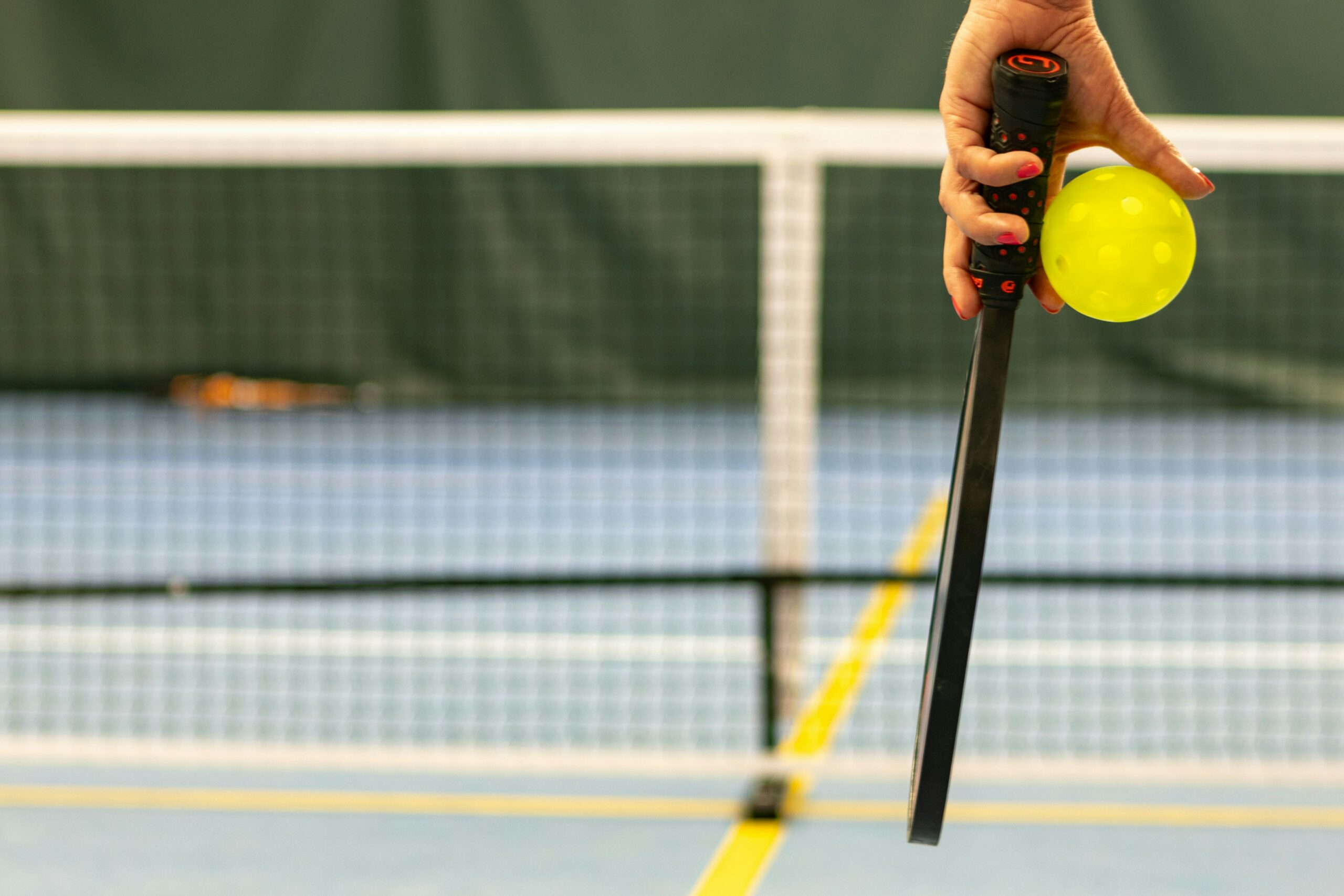 pickleball court with net and paddle